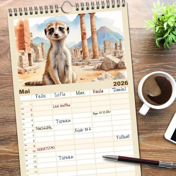 Produktbild: Familienplaner 2026 - Erdm&auml;nnchen in Italien mit 5 Spalten (Wandkalender, 21 x 45 cm) CALVENDO