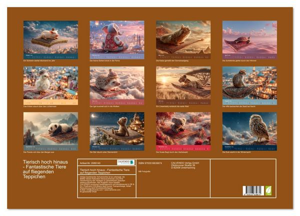Produktbild: Tierisch hoch hinaus - Fantastische Tiere auf fliegenden Teppichen (Wandkalender 2026 DIN A2 quer), CALVENDO Monatskalender