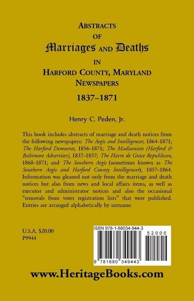 Produktbild: Abstracts of Marriages and Deaths in Harford County, Maryland Newspapers, 1837-1871