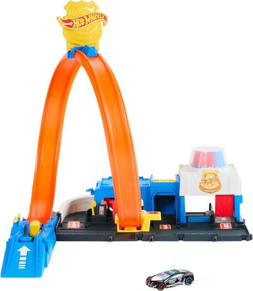 Produktbild: Hot Wheels City Super Polizeiwache-Spielset mit Spielzeug-Polizeiwagen im Maßstab 1:64 und anpassbarer Rennbahn mit Looping.