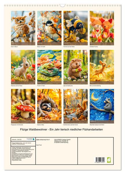 Produktbild: Filzige Waldbewohner - Ein Jahr tierisch niedlicher Filzhandarbeiten (Wandkalender 2026 DIN A2 hoch), CALVENDO Monatskalender