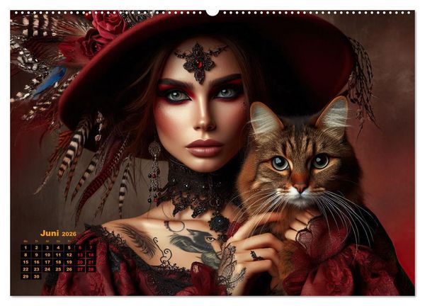 Produktbild: Luxuri&ouml;ser Bohemian Flair - Elegante Frauen mit anmutigen Katzen (hochwertiger Premium Wandkalender 2026 DIN A2 quer), Kunstdruck in Hochglanz