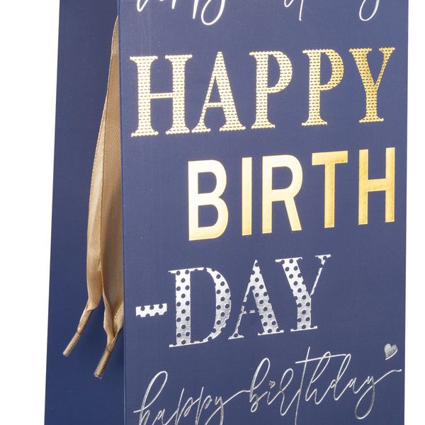 Produktbild: Idena Flaschentasche Happy Birthday blau 12,5x35x9xcm 210g/m&sup2; Hei&szlig;pr&auml;gung