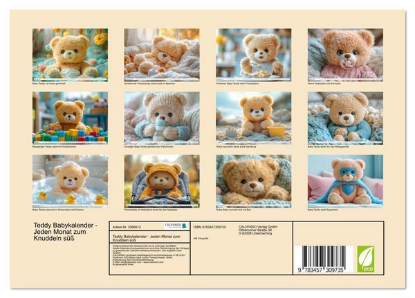 Produktbild: Teddy Babykalender - Jeden Monat zum Knuddeln s&uuml;&szlig; (Wandkalender 2026 DIN A4 quer), CALVENDO Monatskalender