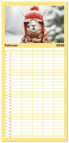 Produktbild: Familienplaner 2026 - Die Welt der Alpakas mit 5 Spalten (Wandkalender, 21 x 45 cm) CALVENDO