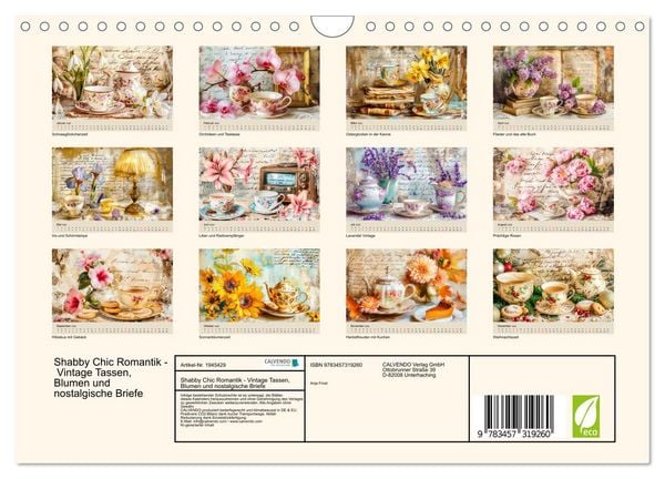 Produktbild: Shabby Chic Romantik - Vintage Tassen, Blumen und nostalgische Briefe (Wandkalender 2026 DIN A4 quer), CALVENDO Monatskalender