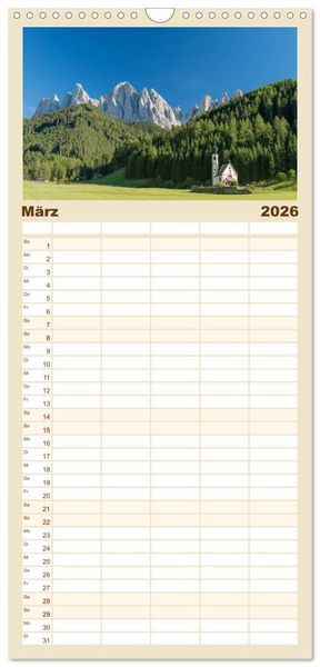Produktbild: Familienplaner 2026 - Dolomiten mit 5 Spalten (Wandkalender, 21 x 45 cm) CALVENDO