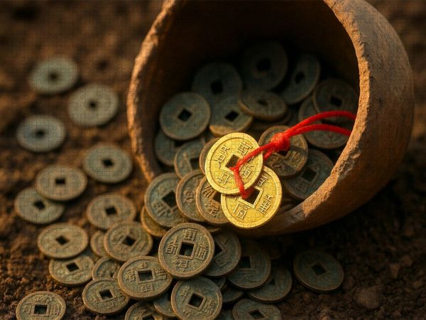 Produktbild: CALVENDO Puzzle M&uuml;nzen am roten Band - Wohlstand und stetiger Geldfluss | 1000 Teile Lege-Gr&ouml;&szlig;e 64x48cm Foto-Puzzle f&uuml;r gl&uuml;ckliche Stunden