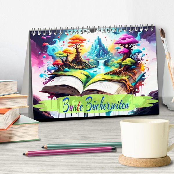 Produktbild: Bunte B&uuml;cherseiten (Tischkalender 2026 DIN A5 quer), CALVENDO Monatskalender