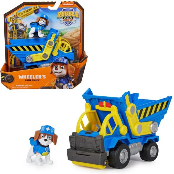 Produktbild: Rubble und Crew - Kipplaster-Baufahrzeug mit Wheeler-Figur, bewegliche Walze & Kippbr&uuml;cke, TV-Serie Spielzeug, f&uuml;r Kinder ab 3 Jahren