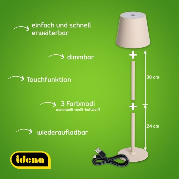 Produktbild: Idena LED Tischleuchte Touch Metall beige 11x24/38cm Akku USB dimmbar 3 Modi Innen und Au&szlig;en