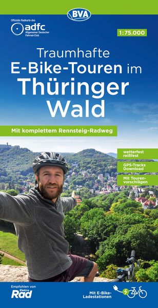 ADFC-Regionalkarte Traumhafte E-Bike-Touren im Thüringer Wald, 1:75.000, mit Tagestourenvorschlägen, reiß- und wetterfest, GPS-Tracks-Download,