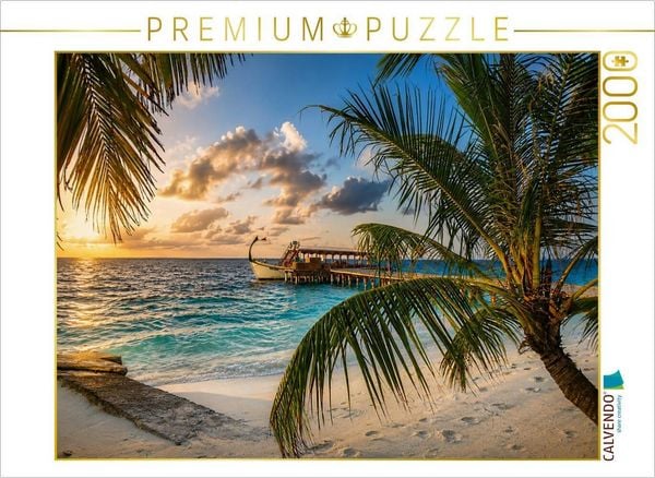 CALVENDO Puzzle Sonnenuntergang am Malediven-Strand mit traditionellem Dhoni-Boot und Palmen | 2000 Teile Lege-Größe 90 × 67 cm Foto-Puzzle für glückliche Stunden
