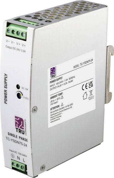 Produktbild: TRU COMPONENTS TC-13807980 Hutschienen-Netzteil (DIN-Rail) 24 V/DC 3.2 A 76.8 W Anzahl Ausg&auml;nge:1 x Inhalt 1 St.