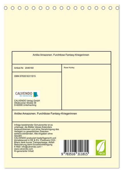 Produktbild: Antike Amazonen. Furchtlose Fantasy-Kriegerinnen (Tischkalender 2026 DIN A5 hoch), CALVENDO Monatskalender