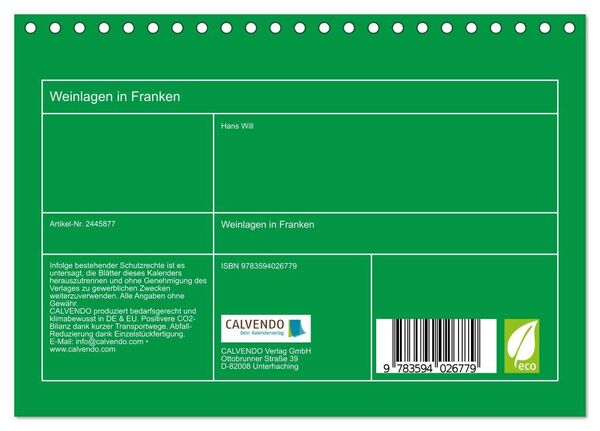 Produktbild: Weinlagen in Franken (Tischkalender 2027 DIN A5 quer), CALVENDO Monatskalender
