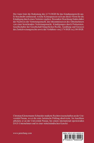 Produktbild: &sect; 174 BGB: Zur&uuml;ckweisung der vom Bevollm&auml;chtigten vorgenommenen K&uuml;ndigung eines Arbeitsverh&auml;ltnisses und ihre Grenzen