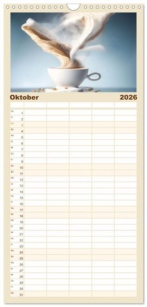 Produktbild: Familienplaner 2026 - Kaffe mal anders geniessen mit 5 Spalten (Wandkalender, 21 x 45 cm) CALVENDO