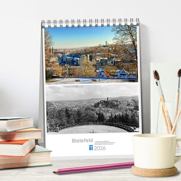 Produktbild: Bielefelder Fotomotive heute und damals mit historischen Ereignissen (Tischkalender 2026 DIN A5 hoch), CALVENDO Monatskalender