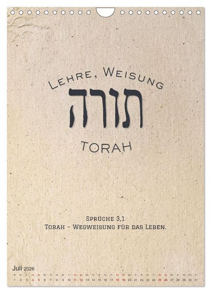 Produktbild: Hebr&auml;ische Lettern - Worte voller Licht und Weisheit (Wandkalender 2026 DIN A4 hoch), CALVENDO Monatskalender