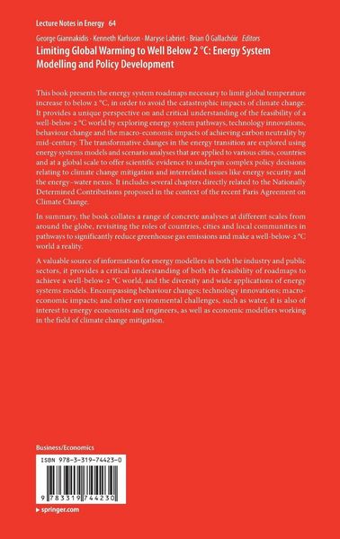 Produktbild: Limiting Global Warming to Well Below 2 &deg;C: Energy System Modelling and Policy Development
