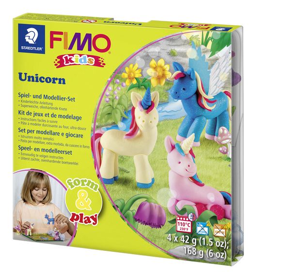 Produktbild: STAEDTLER FIMO kids 8034, ofenh&auml;rtende Modelliermasse, Set Unicorn mit 4 Bl&ouml;cken 42 g, Modellierstab