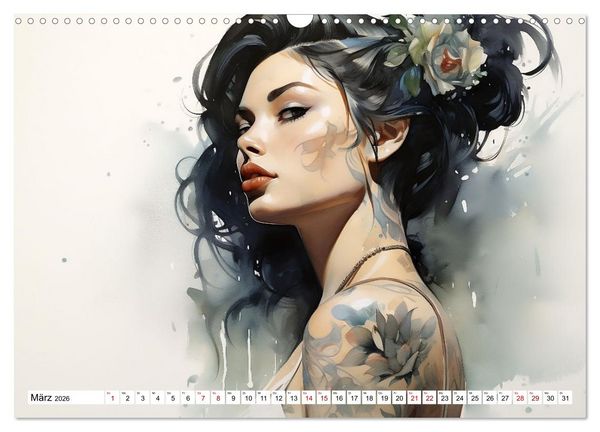 Produktbild: Tattoo trifft Kunst - Starke Tattoos treffen auf sanftes Aquarell (Wandkalender 2026 DIN A3 quer), CALVENDO Monatskalender