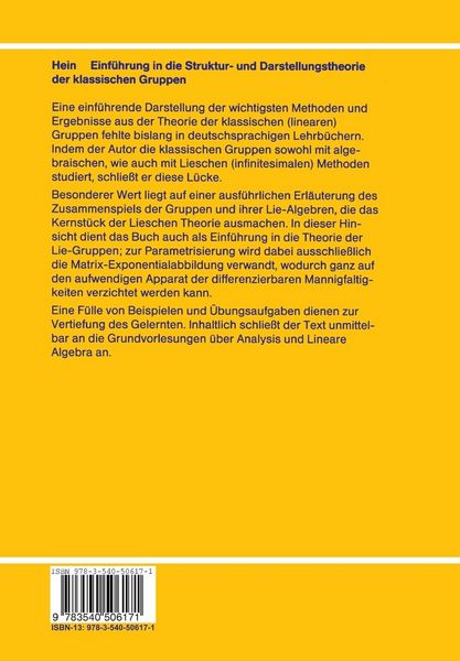 Produktbild: Einf&uuml;hrung in die Struktur- und Darstellungstheorie der klassischen Gruppen