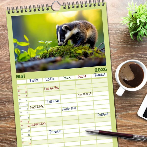 Produktbild: Familienplaner 2026 - Wilde Tierwelt im Wald mit 5 Spalten (Wandkalender, 21 x 45 cm) CALVENDO