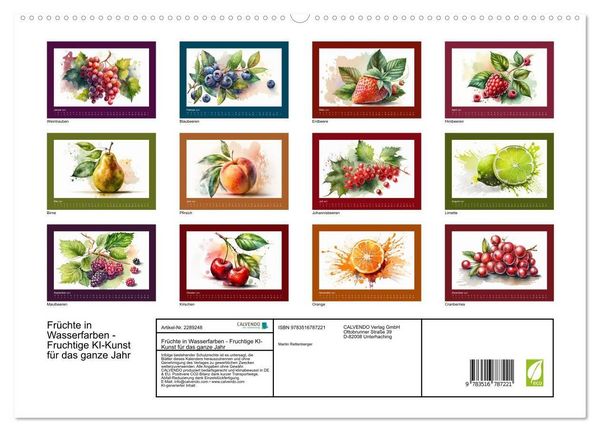 Produktbild: Fr&uuml;chte in Wasserfarben - Fruchtige KI-Kunst f&uuml;r das ganze Jahr (hochwertiger Premium Wandkalender 2027 DIN A2 quer), Kunstdruck in Hochglanz