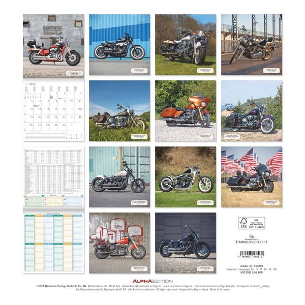 Produktbild: Harleys 2026 - Broschürenkalender 30x30 cm (30x60 geöffnet) - Kalender mit Platz für Notizen - Motorräder - Bildkalender - Wandplaner - Harley-Davidso