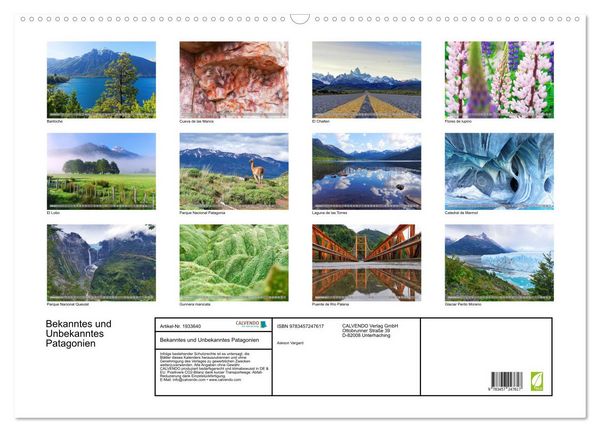 Produktbild: Bekanntes und Unbekanntes Patagonien (Wandkalender 2026 DIN A2 quer), CALVENDO Monatskalender