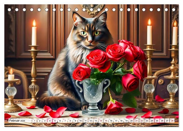 Produktbild: Klassische Katzenportr&auml;ts - Katzen in opulenten Stillleben (Tischkalender 2026 DIN A5 quer), CALVENDO Monatskalender