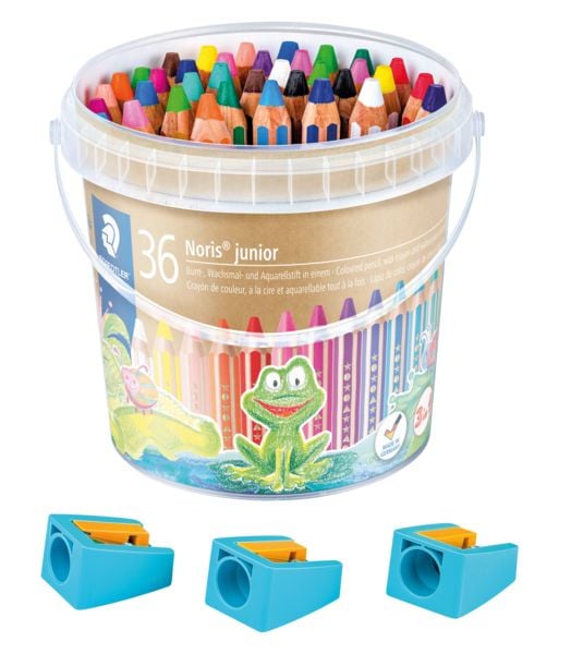 Produktbild: STAEDTLER Noris junior 140 Kindermalstift 3 in 1, Eimer mit 36 Malstiften in 18 sortierten Farben und 3 Spitzern, 140 C36