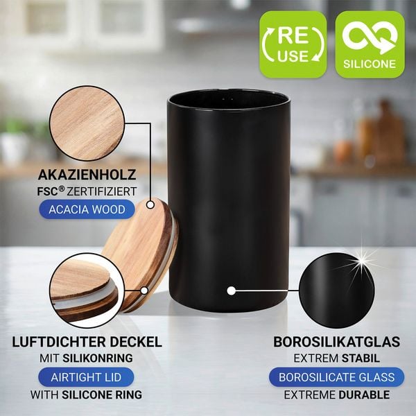 Produktbild: Vorratsdose Mod. Mio Schwarz 1,4 L, Vorratsbeh&auml;lter aus Borosilikatglas mit Deckel