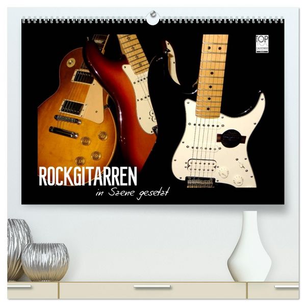 ROCKGITARREN in Szene gesetzt (hochwertiger Premium Wandkalender 2026 DIN A2 quer), Kunstdruck in Hochglanz