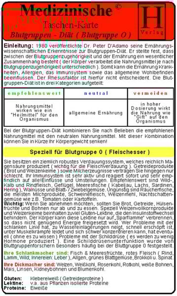 Blutgruppen-Diät - Blutgruppe 0 - Medizinische Taschen-Karte, Gebundene Ausgabe von , Hawelka, Uwe, 978-3-939081-51-7