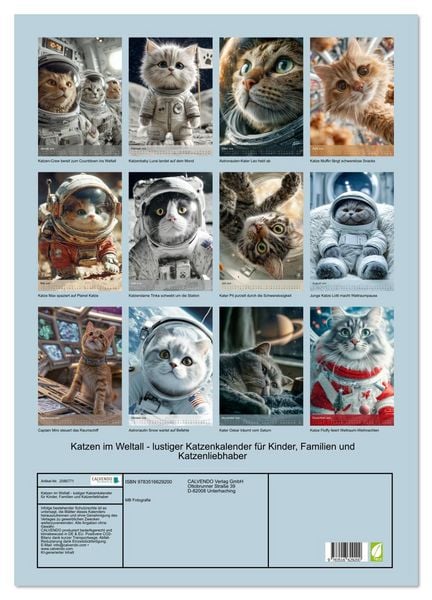 Produktbild: Katzen im Weltall - lustiger Katzenkalender f&uuml;r Kinder, Familien und Katzenliebhaber (Wandkalender 2026 DIN A2 hoch), CALVENDO Monatskalender