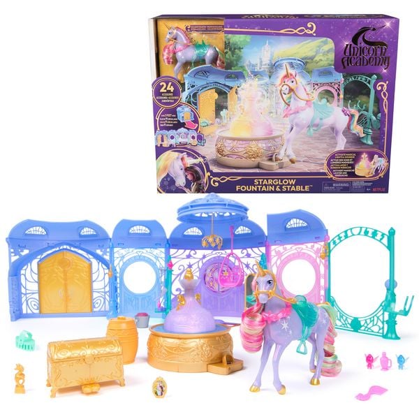 Produktbild: Unicorn Academy - Stall Spielset 90 cm inkl. Brunnen mit Licht- und Soundeffekten, 12 cm Einhorn & 24 Accessoires, Set zur Netflix Serie