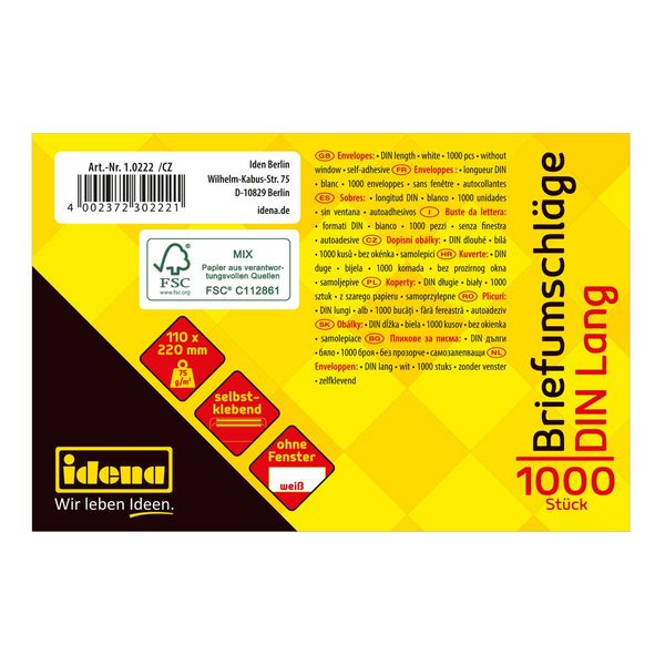 Produktbild: Idena Briefumschl&auml;ge 75g/m&sup2; selbstklebend ohne Fenster wei&szlig; DIN lang 1000 St&uuml;ck