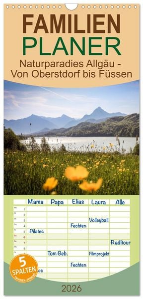 Produktbild: Familienplaner 2026 - Naturparadies Allg&auml;u - Von Oberstdorf bis F&uuml;ssen mit 5 Spalten (Wandkalender, 21 x 45 cm) CALVENDO