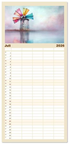 Produktbild: Familienplaner 2026 - Windgefl&uuml;ster-M&uuml;hlenimpressionen mit 5 Spalten (Wandkalender, 21 x 45 cm) CALVENDO