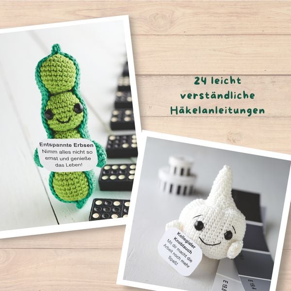 Produktbild: Emotional Support Veggies. Kleine H&auml;kelfiguren mit positiven Botschaften
