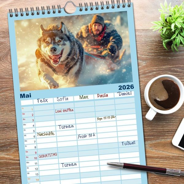 Produktbild: Familienplaner 2026 - Huskies - Kraft und Anmut mit 5 Spalten (Wandkalender, 21 x 45 cm) CALVENDO