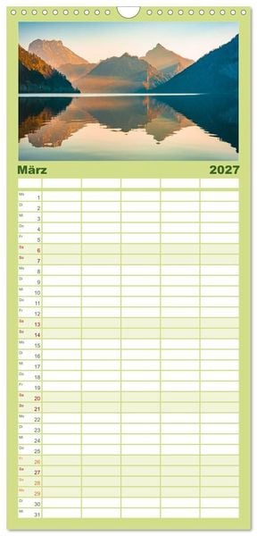 Produktbild: Familienplaner 2027 - Alpenseen - Berge im Spiegel mit 5 Spalten (Wandkalender, 21 x 45 cm) CALVENDO