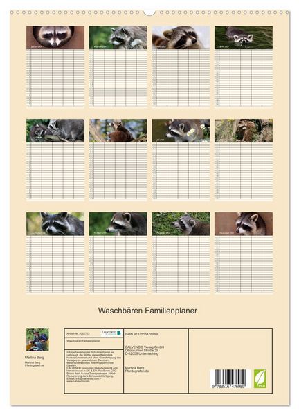 Produktbild: Waschb&auml;ren Familienplaner (hochwertiger Premium Wandkalender 2026 DIN A2 hoch), Kunstdruck in Hochglanz