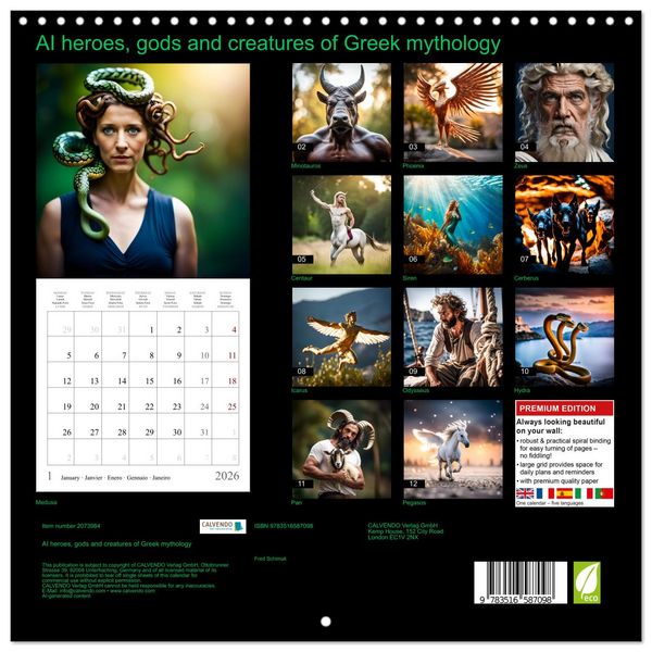Produktbild: AI heroes, gods and creatures of Greek mythology (Wall Calendar 2026 12 &times; 12 Inch) CALVENDO 12 Month Wall Calendar
