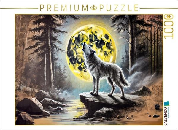 CALVENDO Puzzle Wolf heult zum Mond Kohlezeichnungen in sanften Pastelltönen | 1000 Teile Lege-Größe 64x48cm Foto-Puzzle für glückliche Stunden