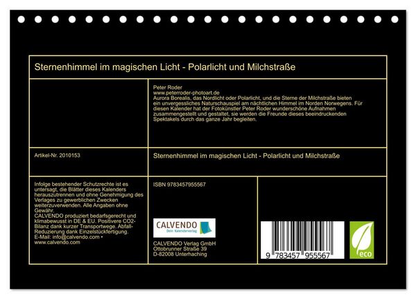 Produktbild: Sternenhimmel im magischen Licht - Polarlicht und Milchstra&szlig;e (Tischkalender 2026 DIN A5 quer), CALVENDO Monatskalender