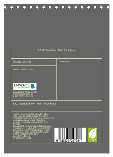 Produktbild: KFZ-Mechatroniker - Mein Traumberuf (Tischkalender 2026 DIN A5 hoch), CALVENDO Monatskalender